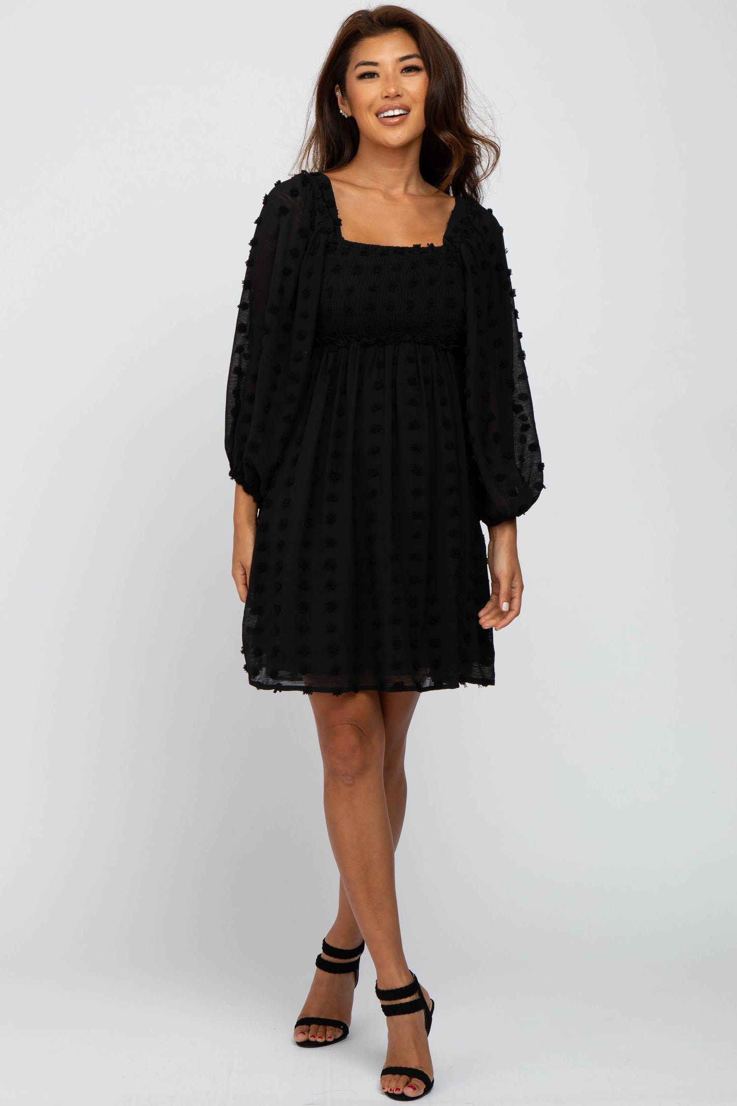 Black Textured Dot Smocked Square Neck Chiffon Dress