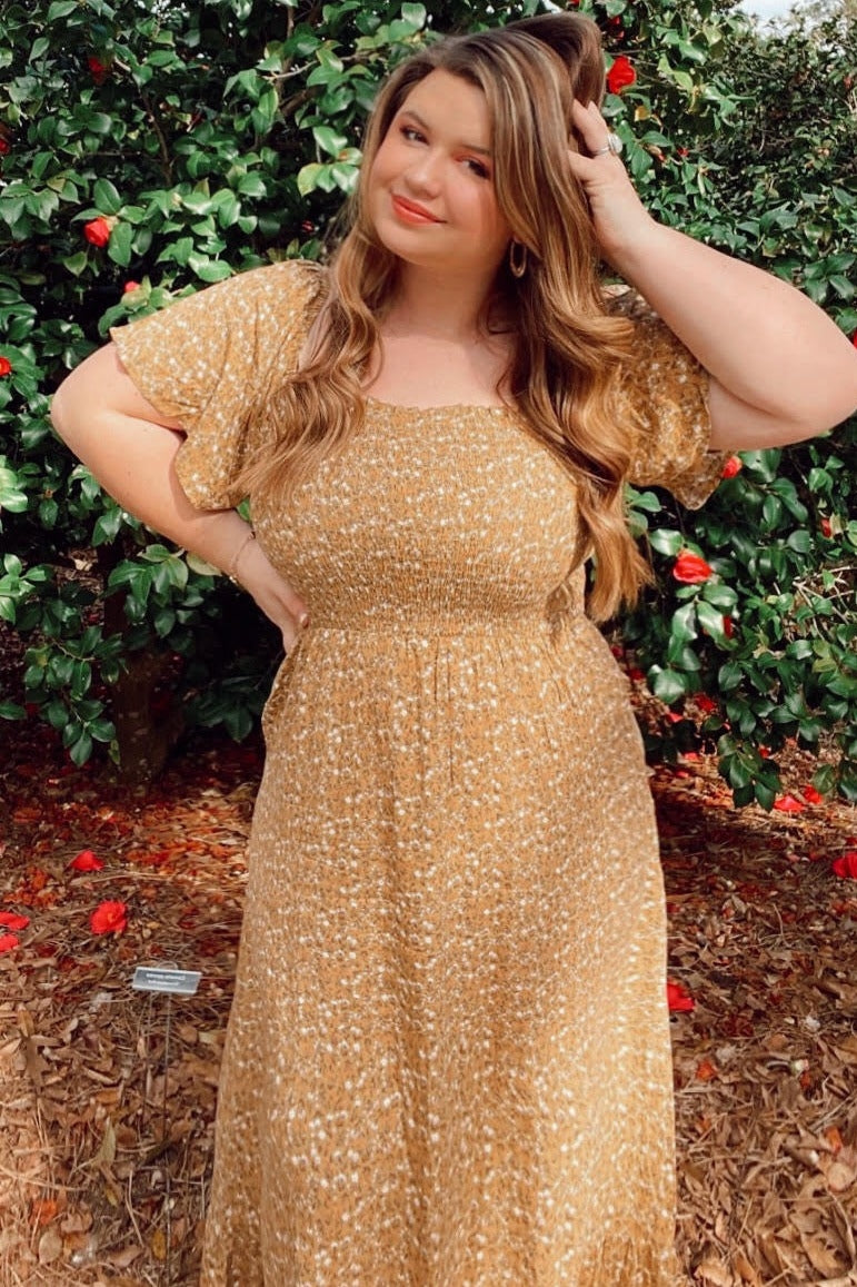 Mustard Floral Smocked Maxi Dress