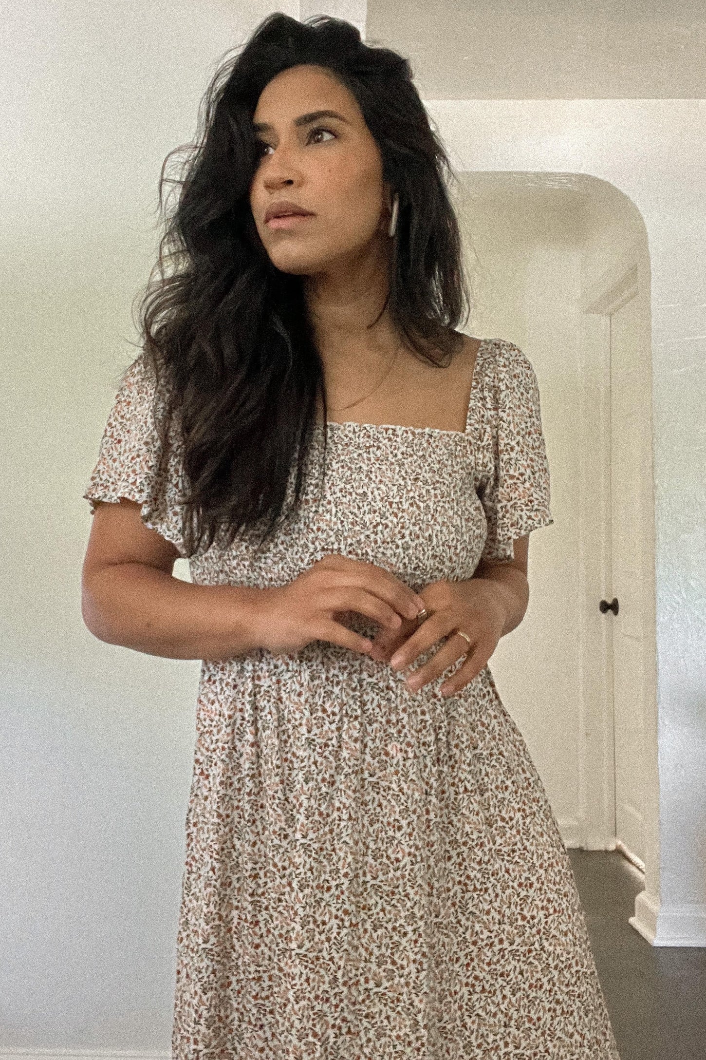 Ivory Floral Smocked Maxi Dress