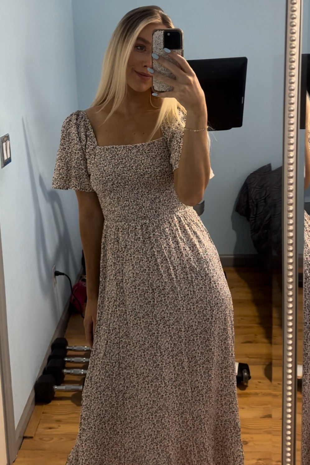 Ivory Floral Smocked Maxi Dress