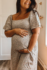 Ivory Floral Smocked Maternity Maxi Dress