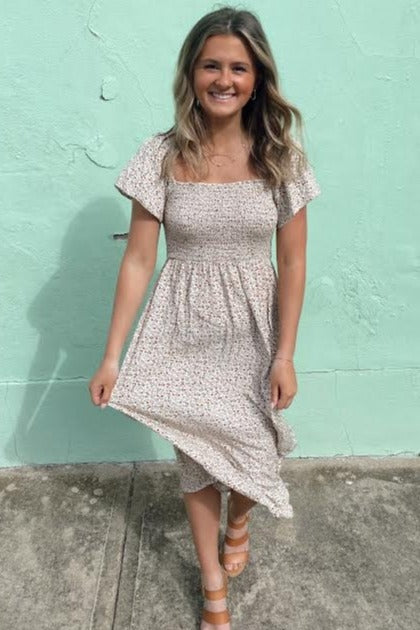 Ivory Floral Smocked Maxi Dress