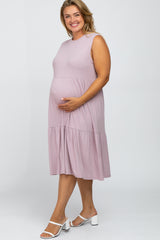 Lavender Ribbed Sleeveless Plus Maternity Midi Dress