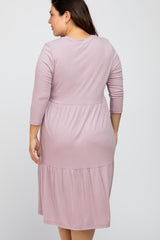 Lavender Tiered Ribbed 3/4 Sleeve Plus Midi Dress