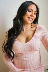 Pink V-Neck Long Sleeve Fitted Maxi Dress