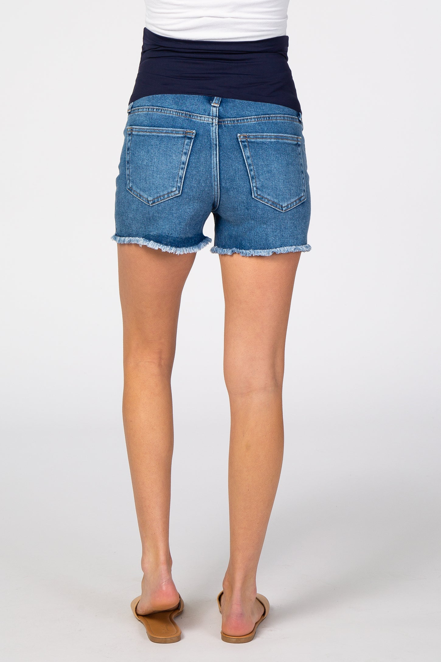 Blue Fringe Hem Maternity Denim Shorts