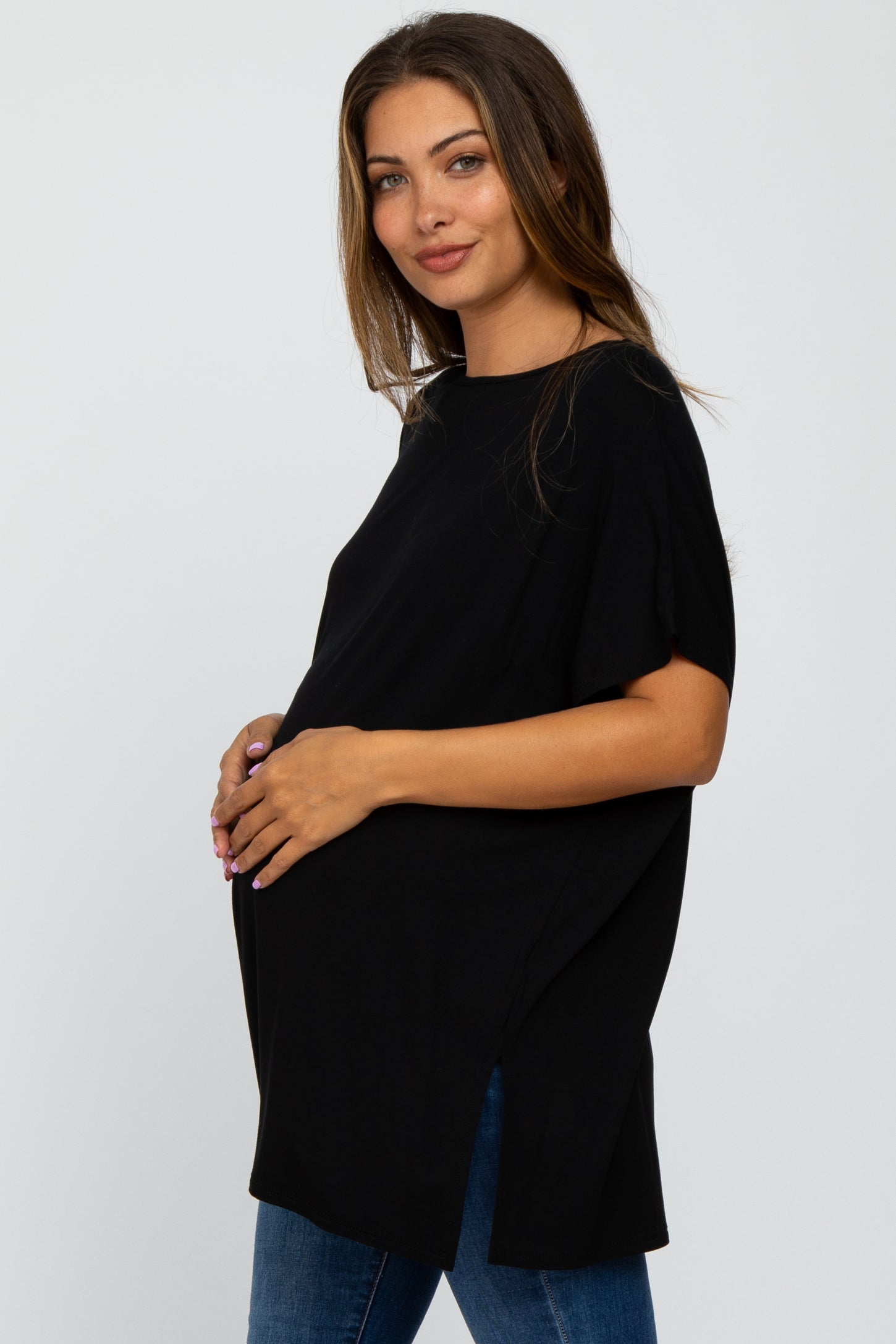 Black Short Sleeve Boatneck Maternity Top