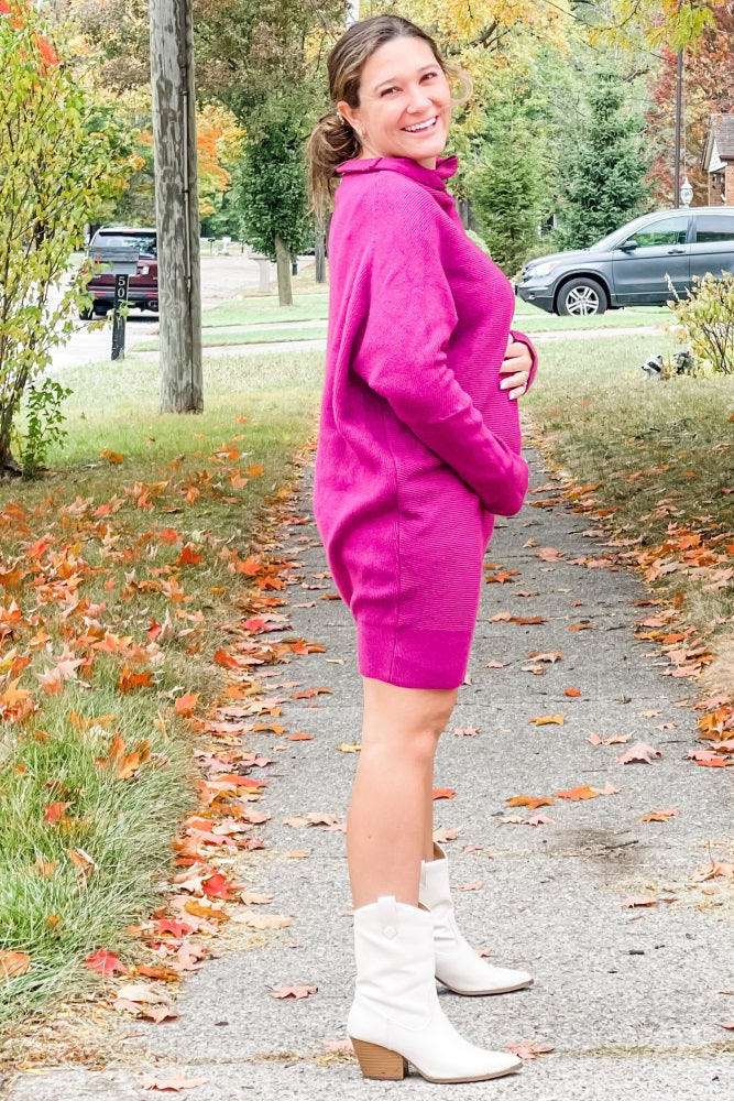 Taupe Funnel Neck Dolman Sleeve Maternity Mini Dress