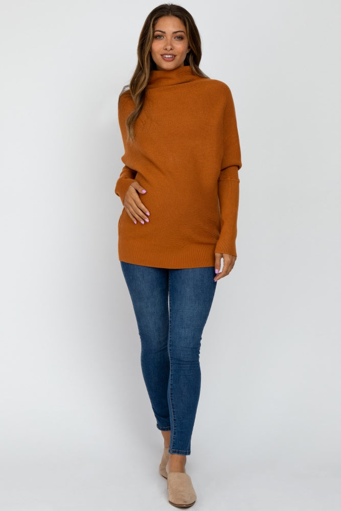 Camel Funnel Neck Dolman Sleeve Maternity Sweater
