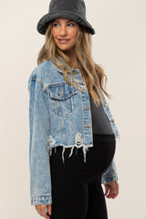 Light Blue Distressed Cropped Maternity Denim Jacket