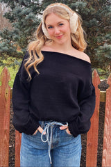 Black Boat Neck Bubble Sleeve Sweater