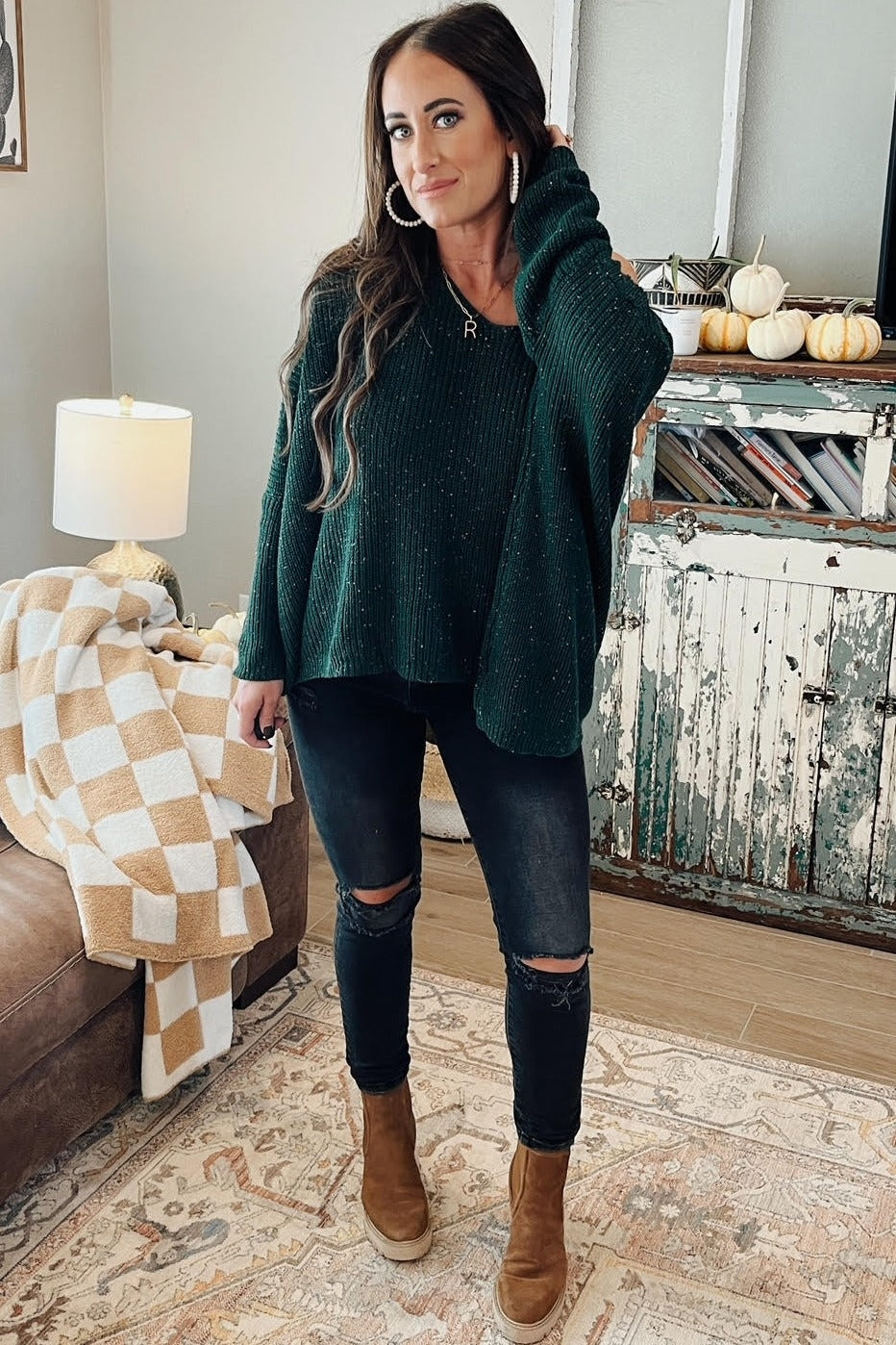 Forest Green Speckled Oversized Sweater