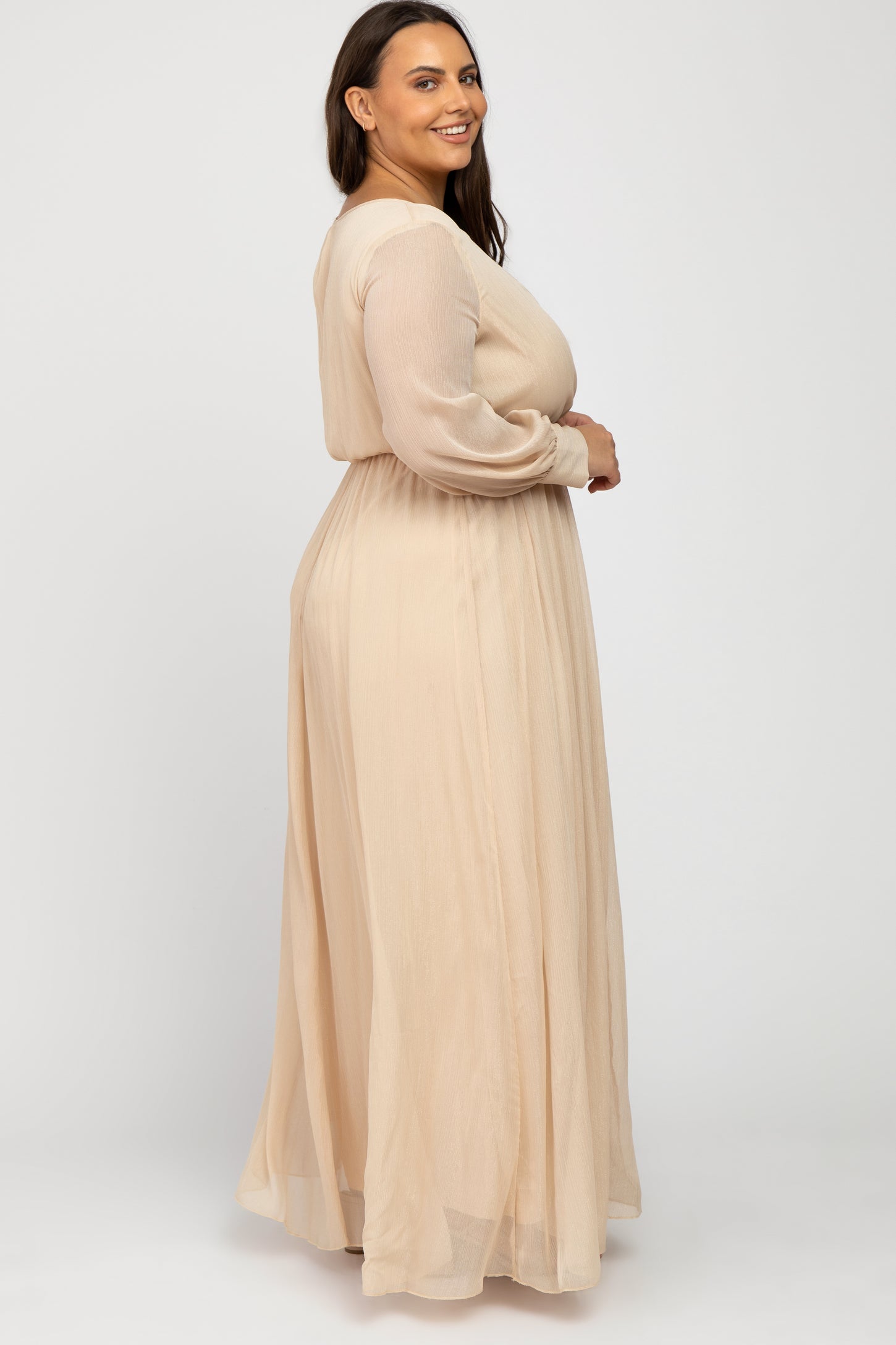 Cream Metallic Chiffon Plus Maxi Dress