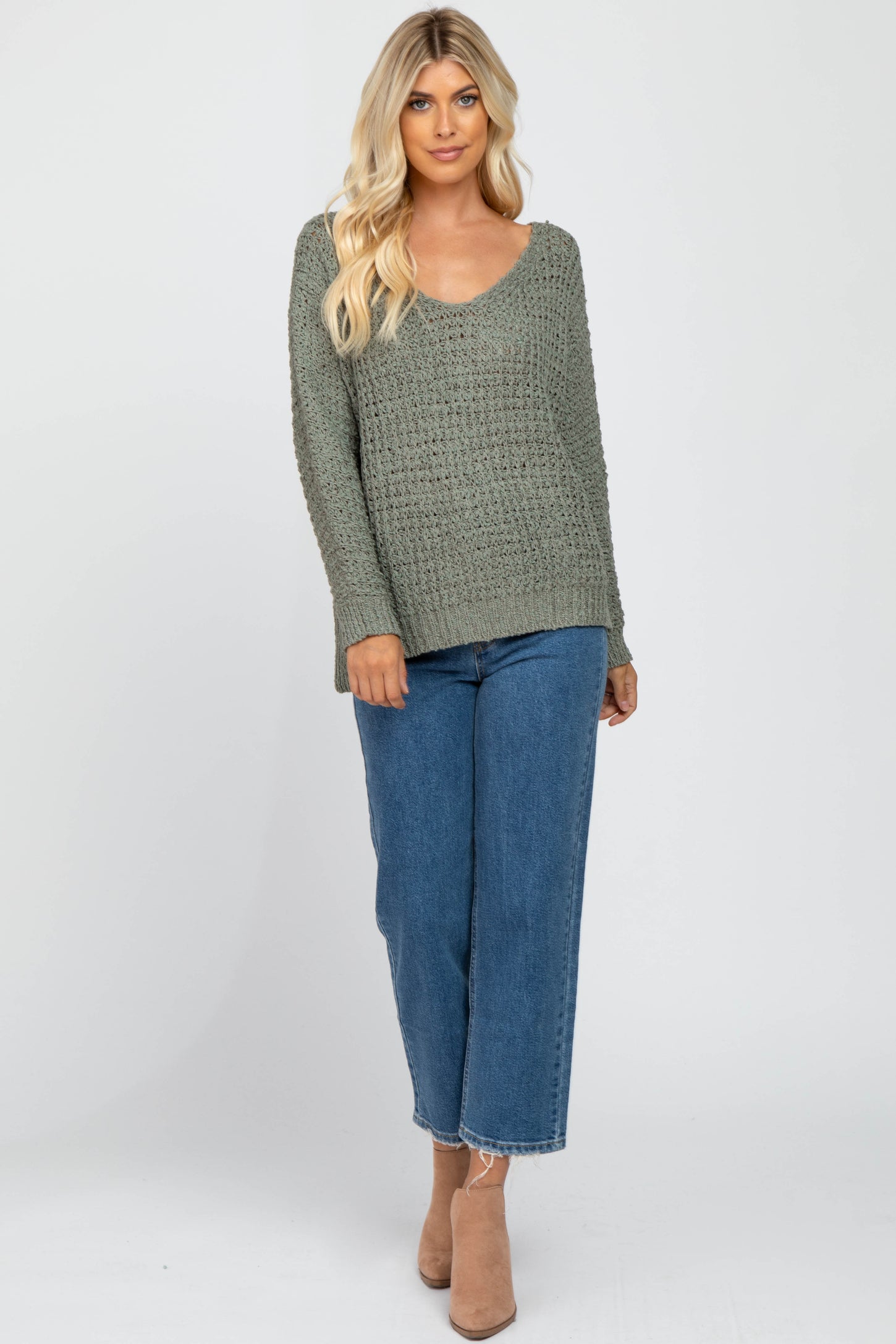 Olive V-Neck Side Slit Thick Knit Sweater