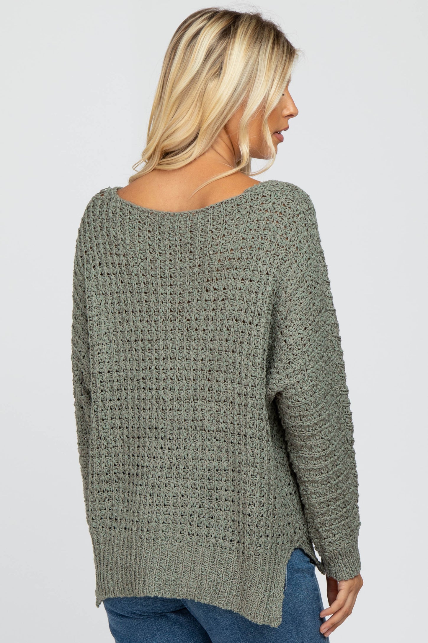 Olive V-Neck Side Slit Thick Knit Sweater