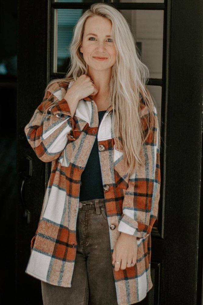 Mocha Plaid Button Down Maternity Over Shirt