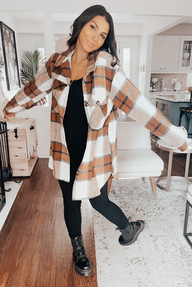 Mocha Plaid Button Down Maternity Over Shirt