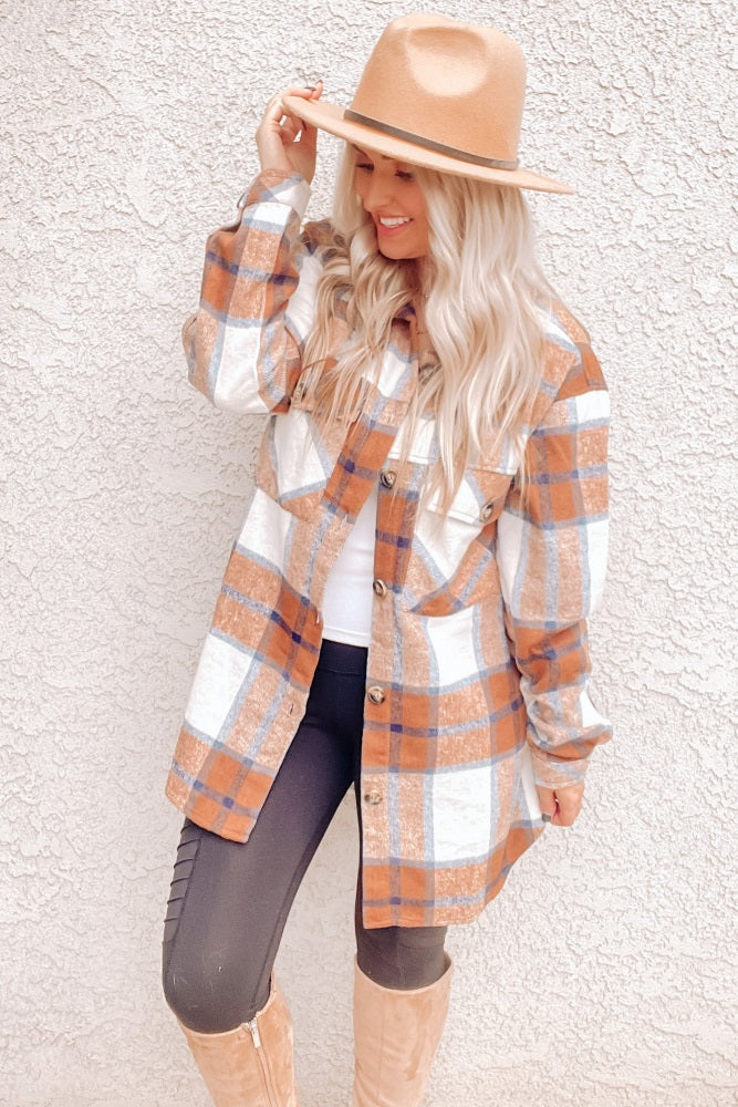 Mocha Plaid Button Down Maternity Over Shirt