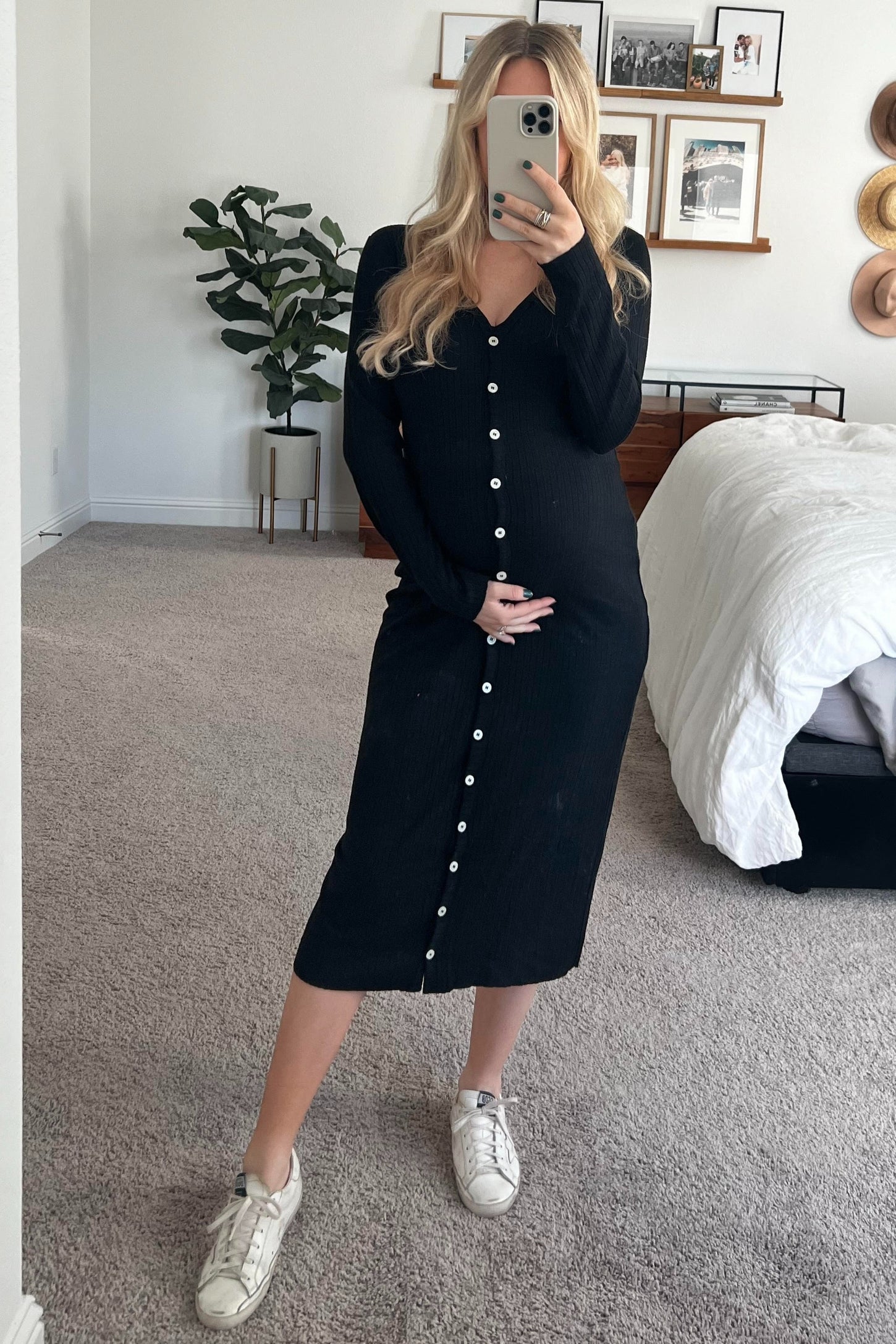 Black Ribbed Button Front Midi Cardigan Maternity Dress