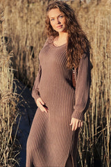 Taupe Side Slit Maternity Maxi Sweater Dress