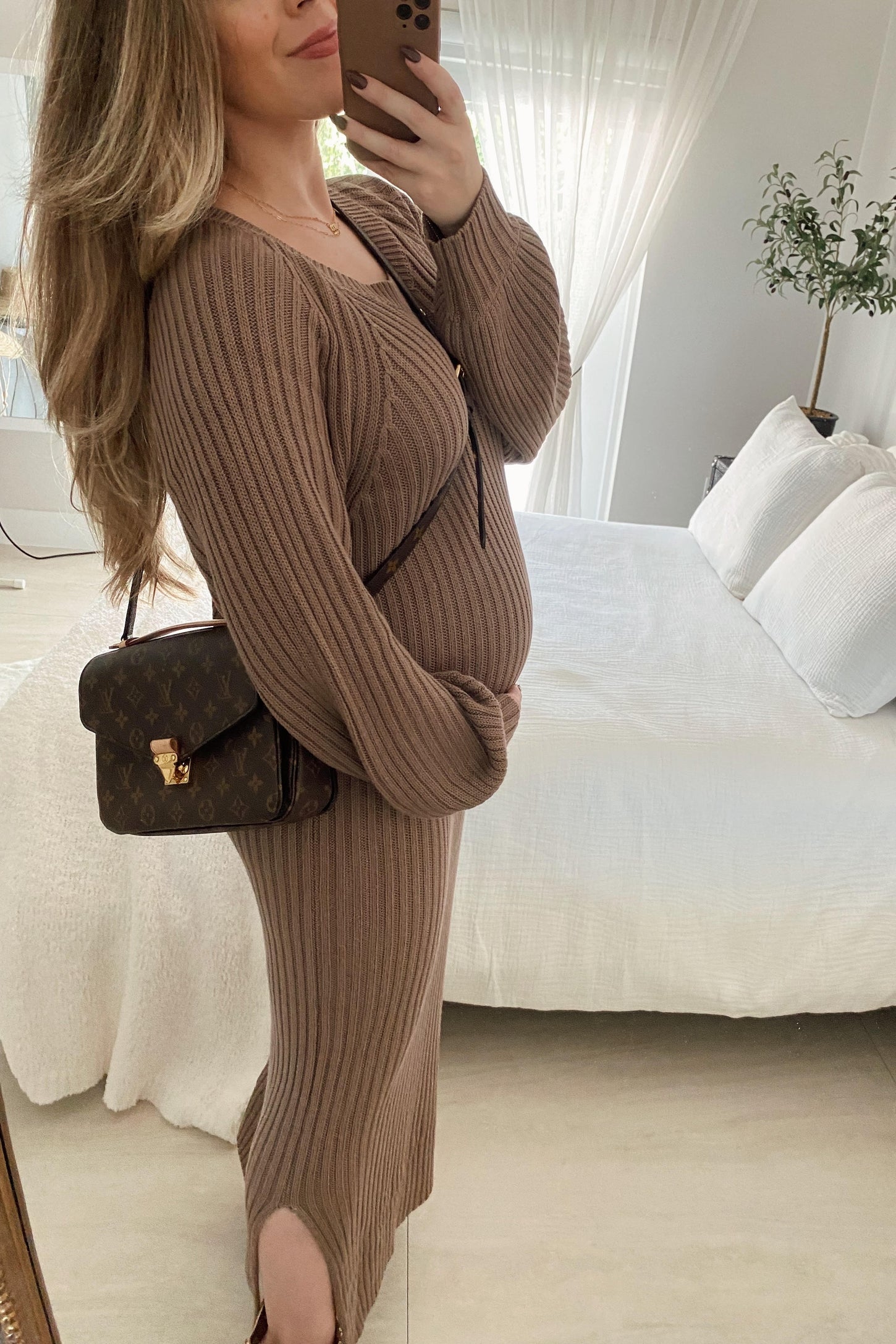 Taupe Side Slit Maternity Maxi Sweater Dress