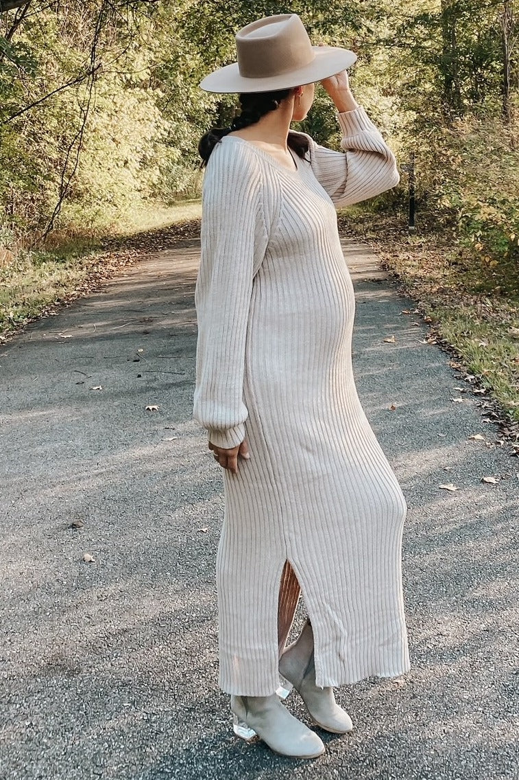 Beige Side Slit Maternity Maxi Sweater Dress