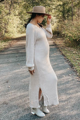 Beige Side Slit Maternity Maxi Sweater Dress