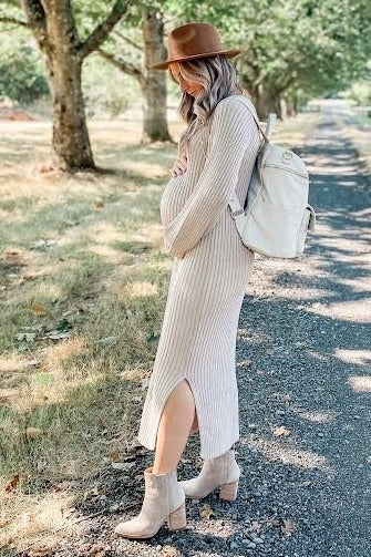 Beige Side Slit Maternity Maxi Sweater Dress