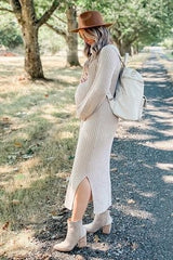 Beige Side Slit Maternity Maxi Sweater Dress