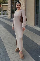 Beige Side Slit Maxi Sweater Dress
