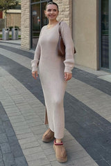 Beige Side Slit Maxi Sweater Dress