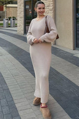 Beige Side Slit Maxi Sweater Dress