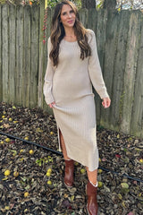 Beige Side Slit Maxi Sweater Dress