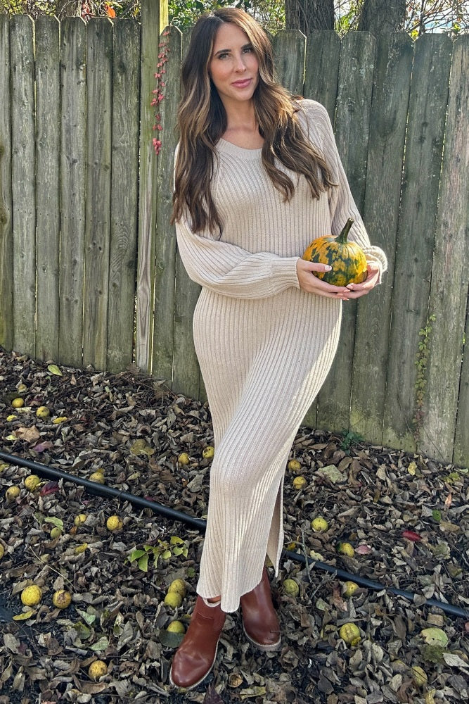 Beige Side Slit Maxi Sweater Dress