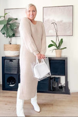 Beige Side Slit Maxi Sweater Dress