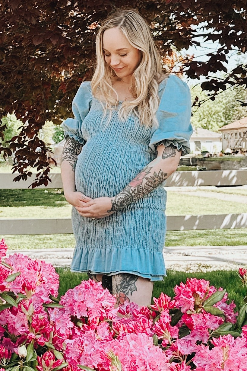 Light Blue Square Neck Smocked Denim Maternity Dress