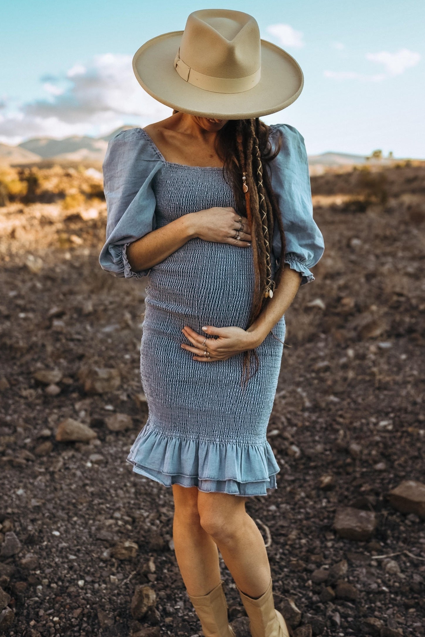 Light Blue Square Neck Smocked Denim Maternity Dress