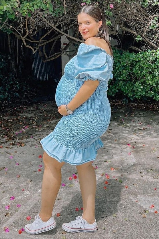 Light Blue Square Neck Smocked Denim Maternity Dress