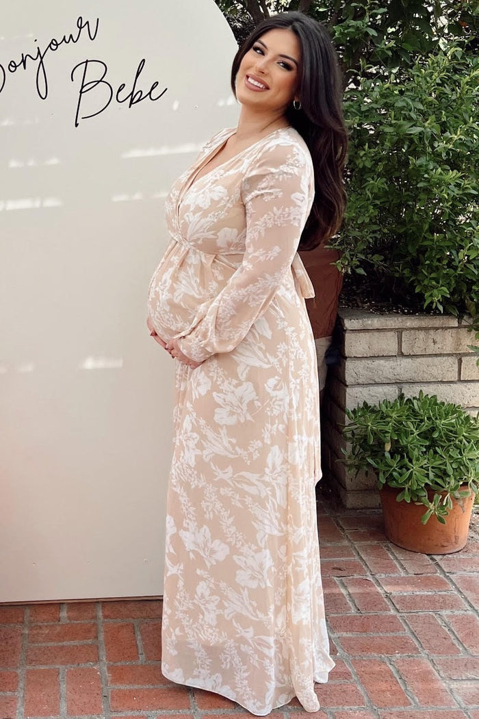 Taupe Floral Chiffon Maternity Maxi Dress