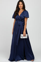 Navy Side Slit Satin Maternity Maxi Dress