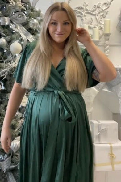 Green Side Slit Satin Maternity Maxi Dress