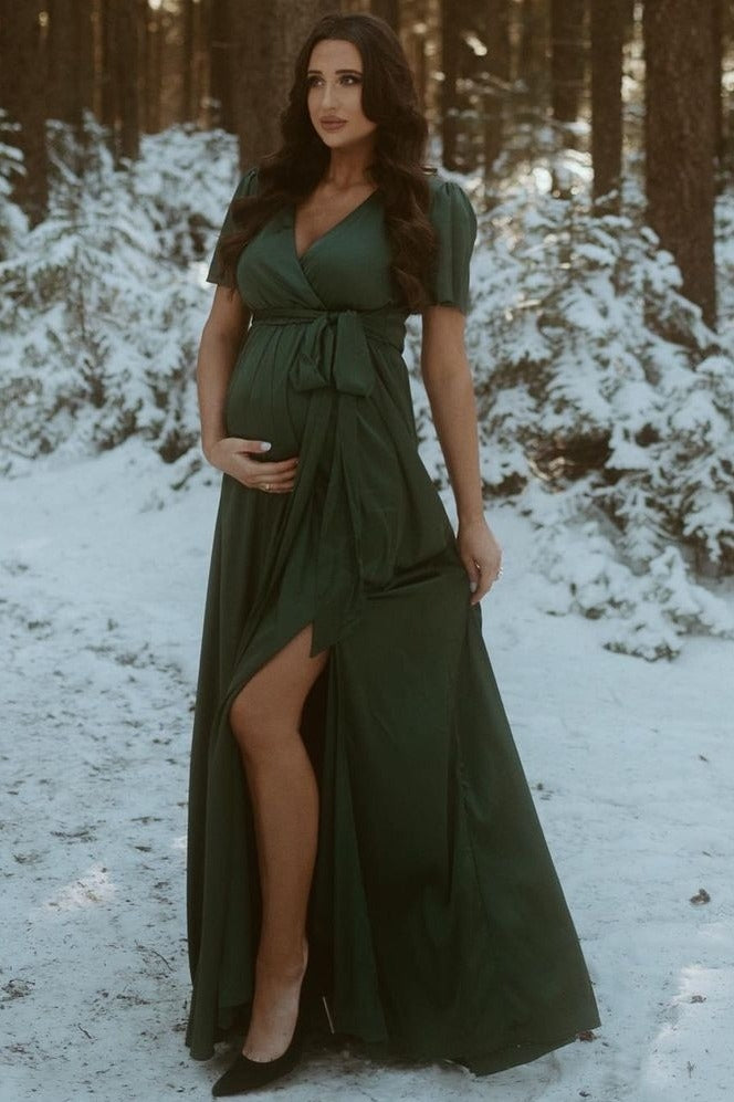Green Side Slit Satin Maternity Maxi Dress