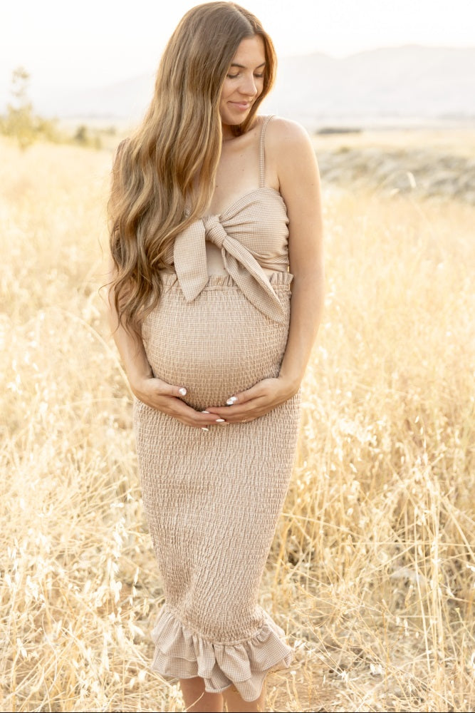 Mocha Gingham Print Smocked Fitted Self-Tie Maternity Midi Dress
