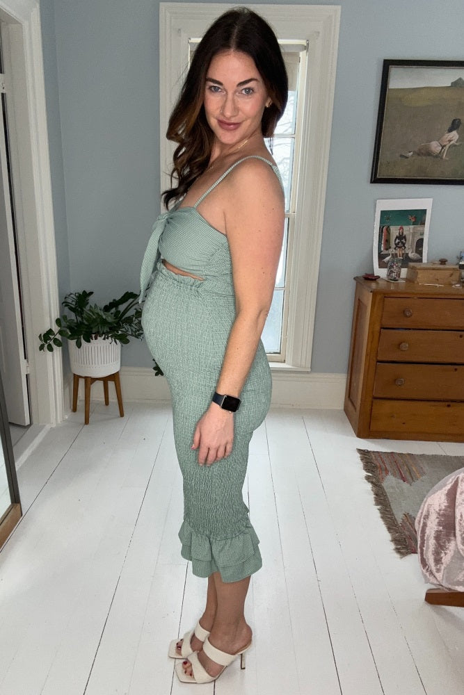 Green Gingham Print Smocked Fitted Self-Tie Maternity Midi Dress