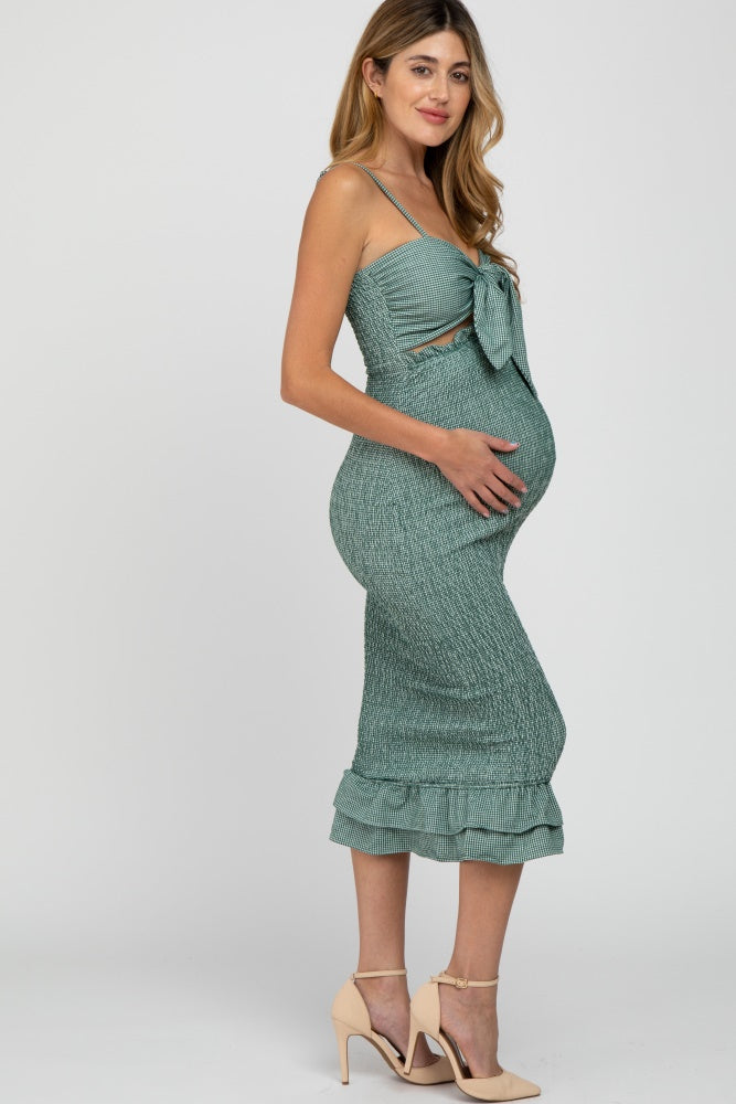 Green Gingham Print Smocked Fitted Self-Tie Maternity Midi Dress