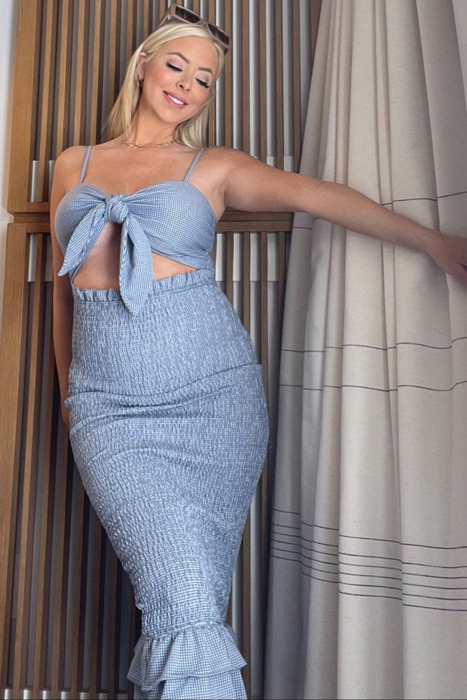 Blue Gingham Print Smocked Fitted Self-Tie Maternity Midi Dress