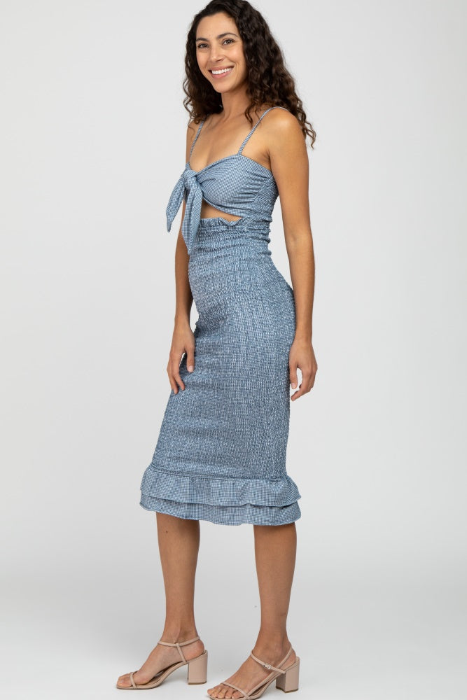 Blue Gingham Print Smocked Fitted Self-Tie Midi Dress