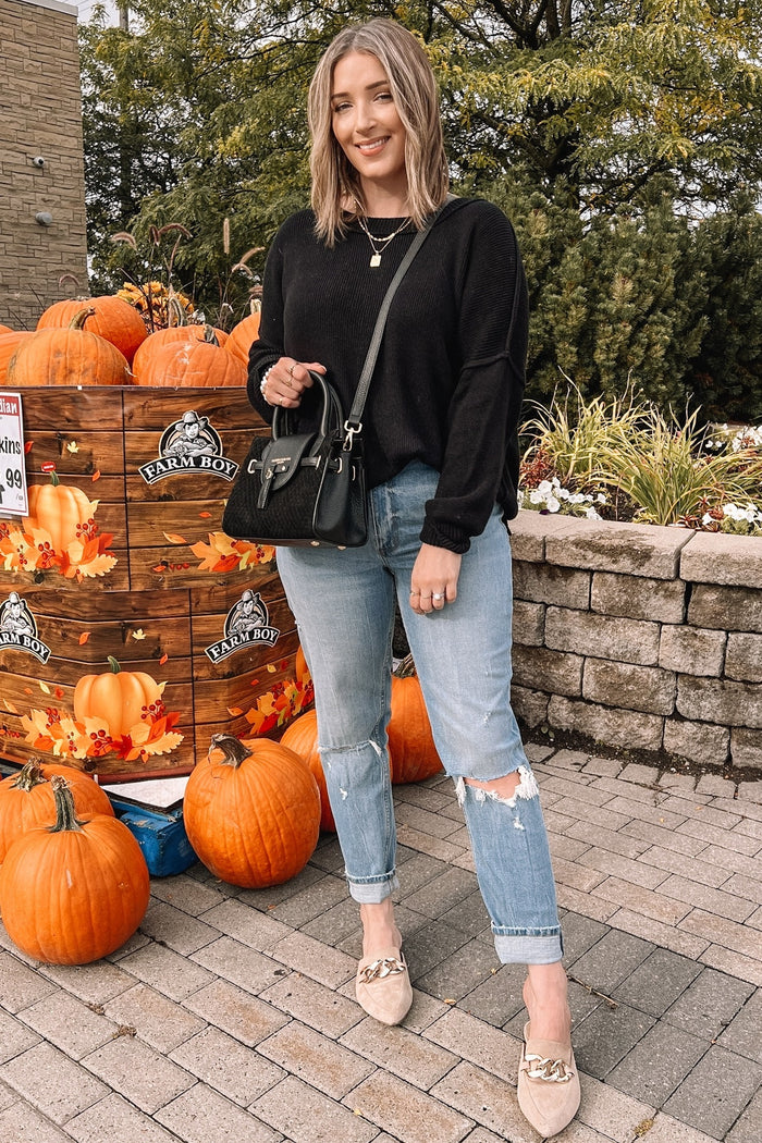Black Exposed Seam Side Slit Sweater