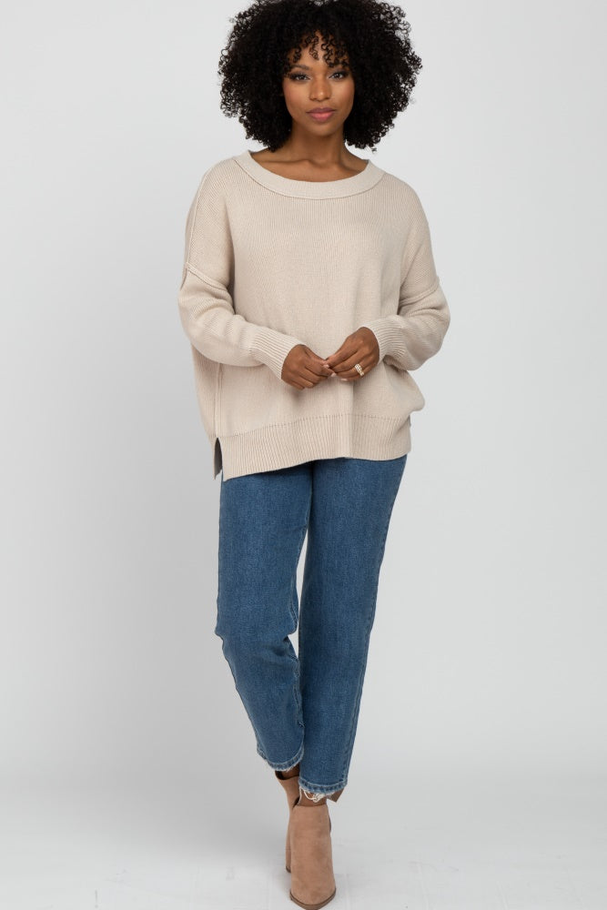 Beige Exposed Seam Side Slit Sweater