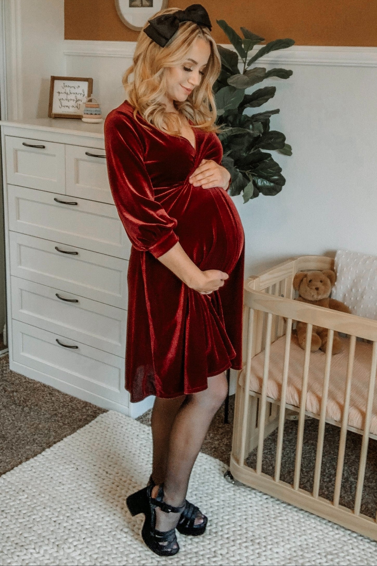 Burgundy Velvet Wrap Front Babydoll Maternity Dress